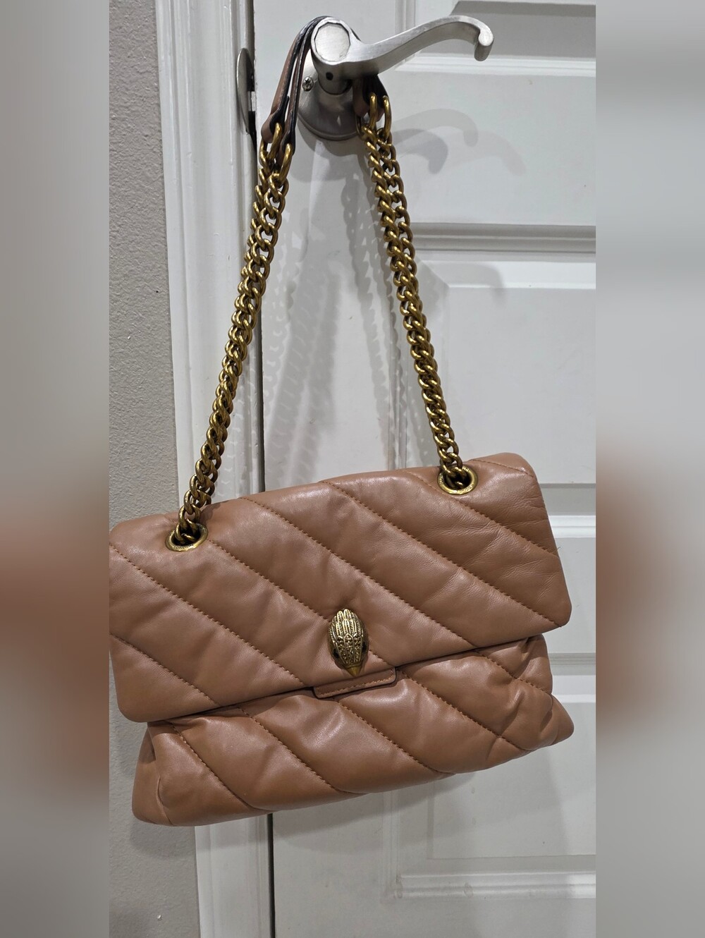 Kurt Geiger Quilted Leather Shoulder Bag in Brown with Gold Chain